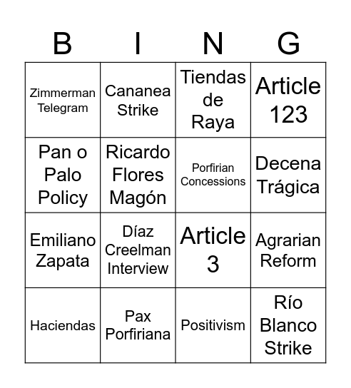 Porfiriato & Mexican Revolution Bingo Card