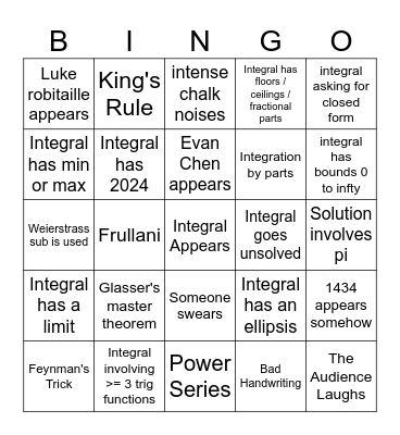 MIT Integration Bee Bingo Card