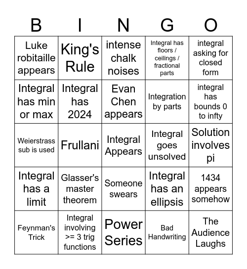 MIT Integration Bee Bingo Card