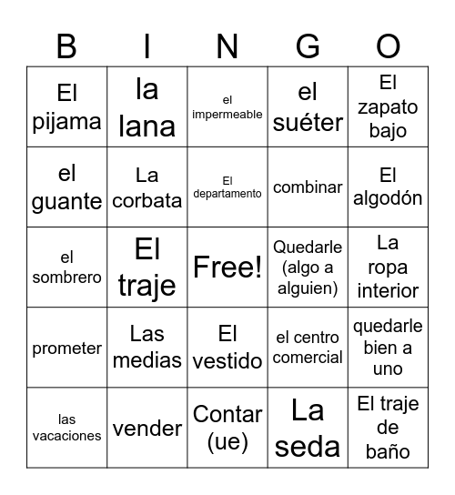 La Loteria: La Ropa 2 Bingo Card