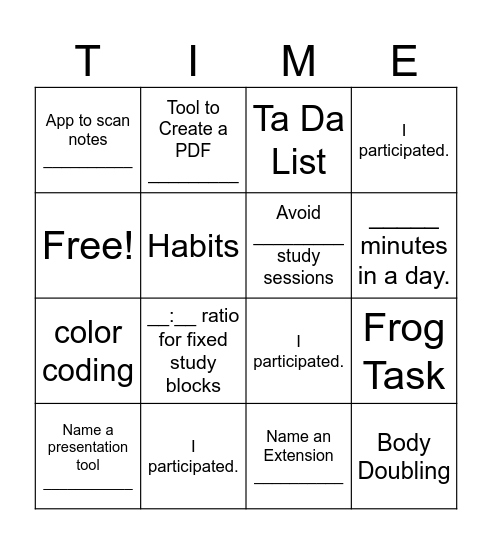 Time Management Seminar Bingo Card