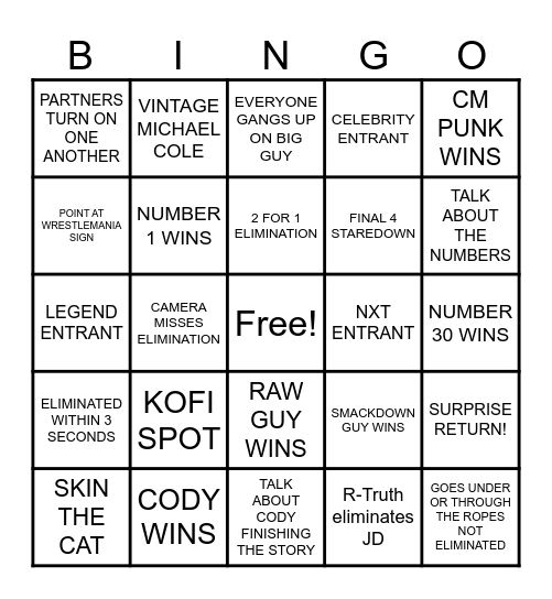 2024 MEN'S ROYAL RUMBLE Bingo Card