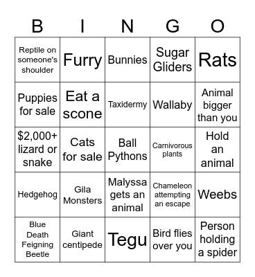 Reptile/Exotic Animal Show Bingo Card