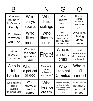 Get to know you Bingo: Find someone Bingo Card