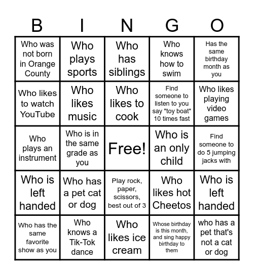 Get to know you Bingo: Find someone Bingo Card