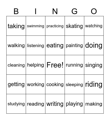 Verbs in -ing form Bingo Card