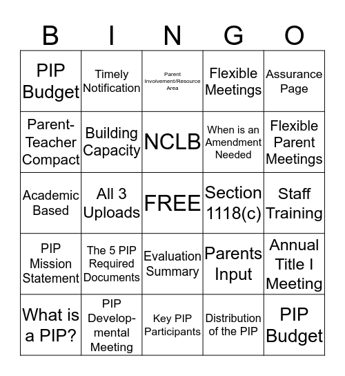 P.I.P. POP's Bingo Card