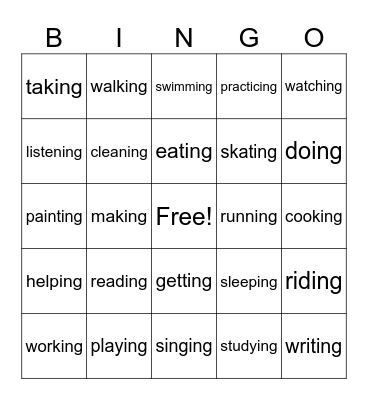 Verbs in -ing form Bingo Card