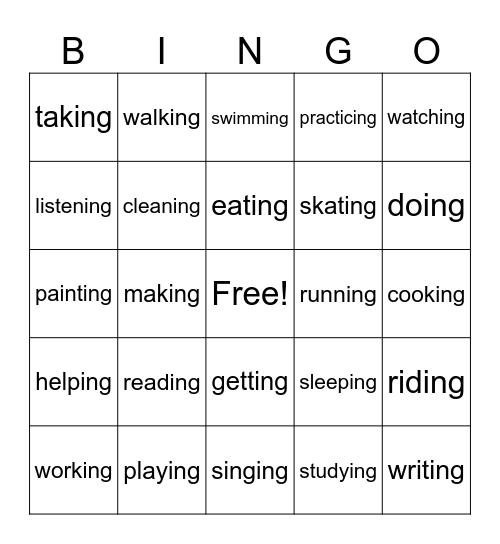 Verbs in -ing form Bingo Card