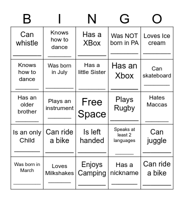 YOUTH HUMAN BINGO Card