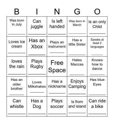 YOUTH HUMAN BINGO Card