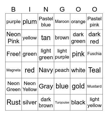 Primary Colors and Mixed Colors Shade Bingo Game Bingo Card