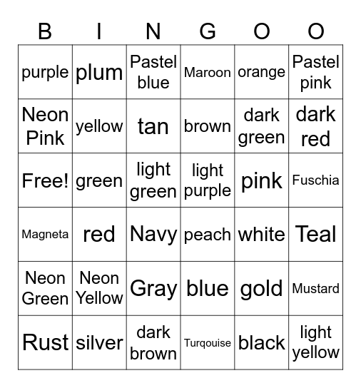 Primary Colors and Mixed Colors Shade Bingo Game Bingo Card