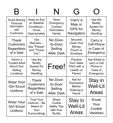 Cookie Selling Safety Bingo Card