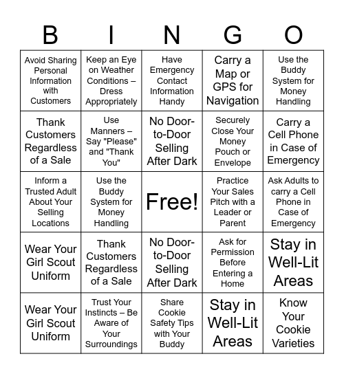 Cookie Selling Safety Bingo Card