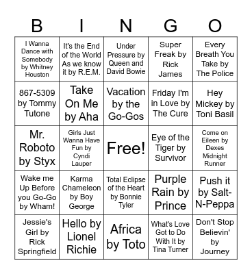 80s Bingo Round 1 Bingo Card