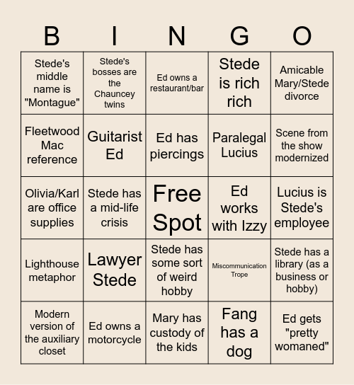 OFMD Fic Bingo: Modern AUs Bingo Card