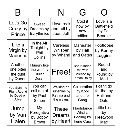 80s Music Bingo Round 2 Bingo Card