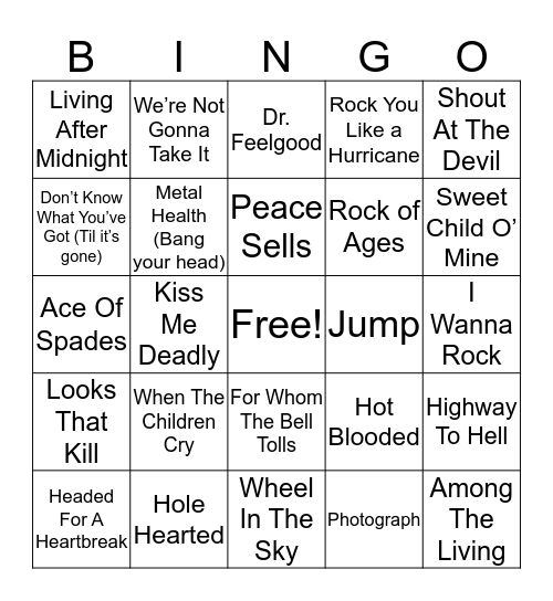 Rock of Ages Bingo Card