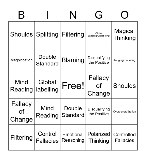 Cognitive Distortions Bingo Card