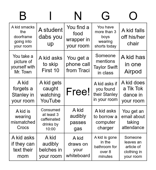 Tired Teacher Bingo Card