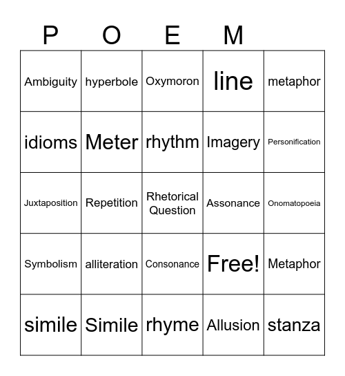 Poetic Devices Bingo Card