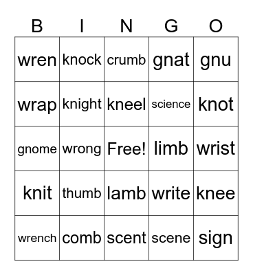 Silent Letters Bingo Card