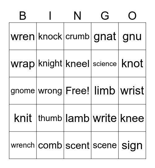 Silent Letters Bingo Card