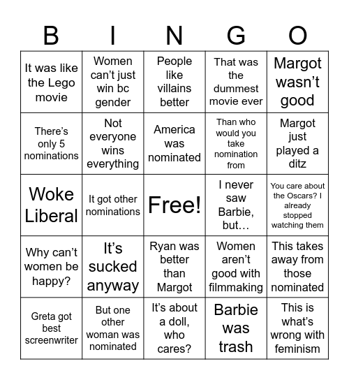 Replies to Barbie Oscar Snub Bingo Card