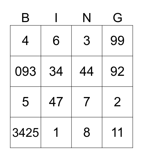 numbers Bingo Card