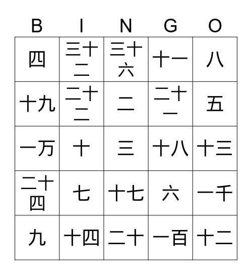 数字生词 Bingo Card