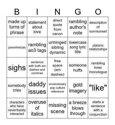 blu fic bingo Card