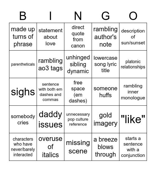 blu fic bingo Card