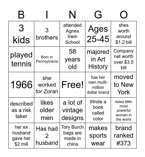 Tory Burch Bingo Card