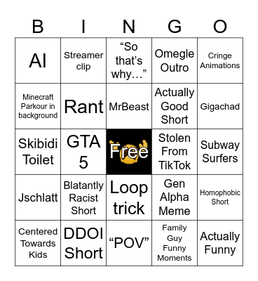 YouTube Shorts Bingo Card