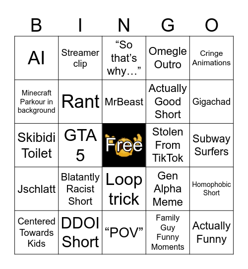 YouTube Shorts Bingo Card