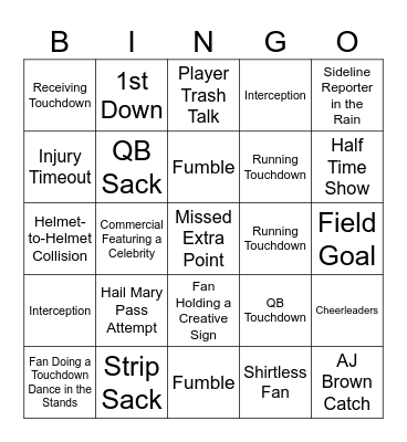 Super Bowl Bingo Card