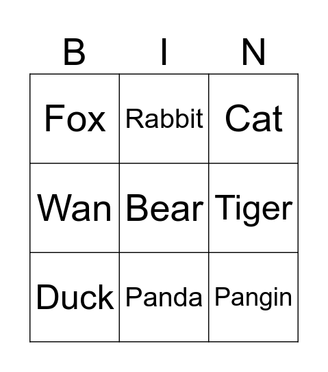 Animal biggo Bingo Card