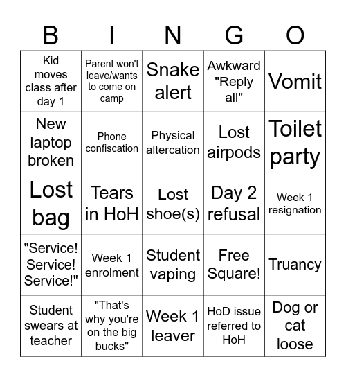 Week 1 Bingo Card