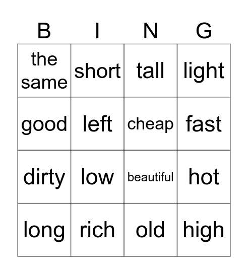 Adjectives Bingo Card