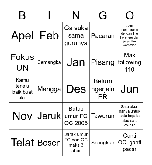 Cahaya Mentari Bingo Card