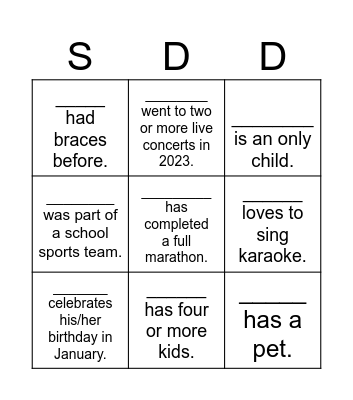 SDD Bingo Card