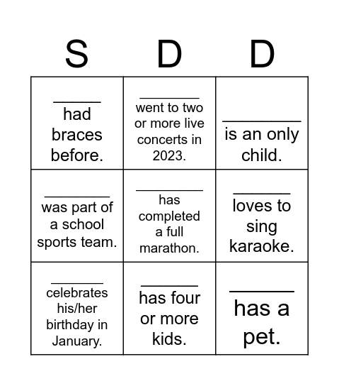 SDD Bingo Card