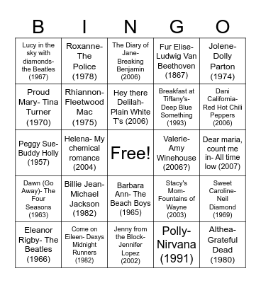 Songs with Girls' names in the title Bingo Card