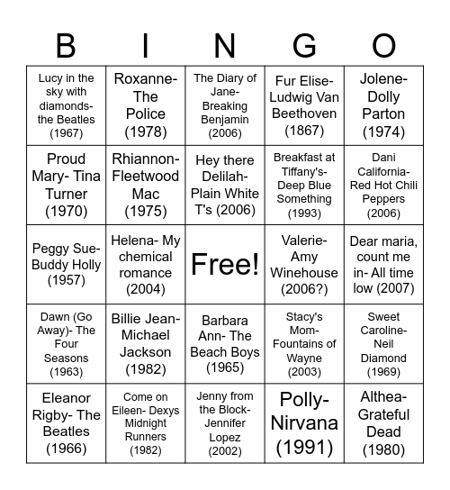 Songs with Girls' names in the title Bingo Card
