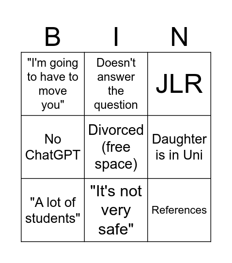 Jayne Bingo Card