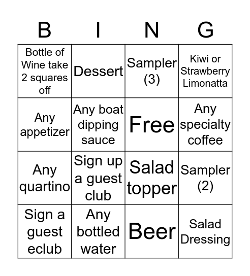 Wine/Add ons Bingo Card