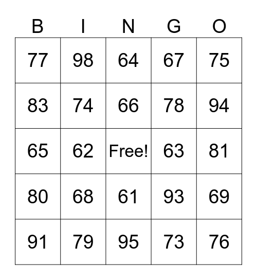 Les nombres 60 à 100 Bingo Card
