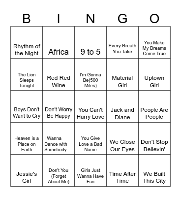 80s Jams Bingo Card