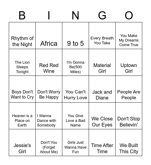 80s Jams Bingo Card